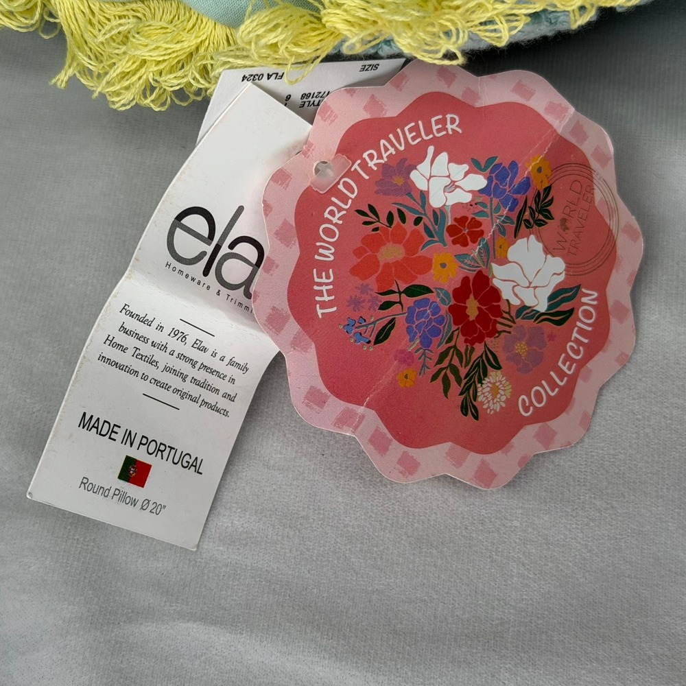 Elav The World Traveler Round Fringe Pillow 20in Blue Yellow Made in Portugal - Picture 5 of 5